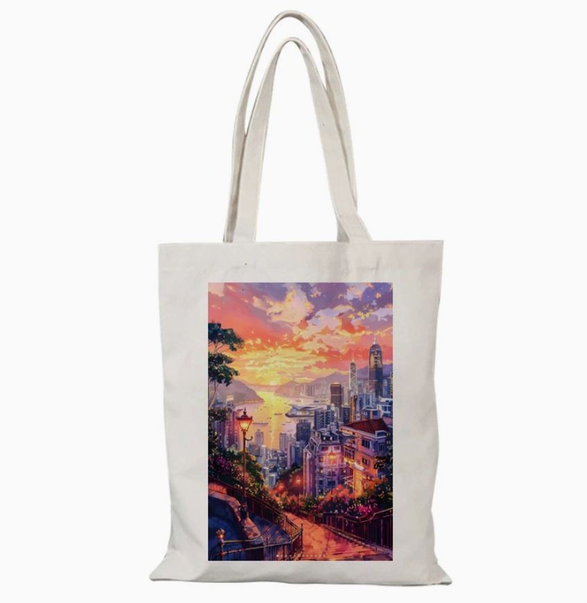 004 Cl嚴選 香港風景帆布包HongKong單面圖案無拉鏈【32x38】香港晚霞