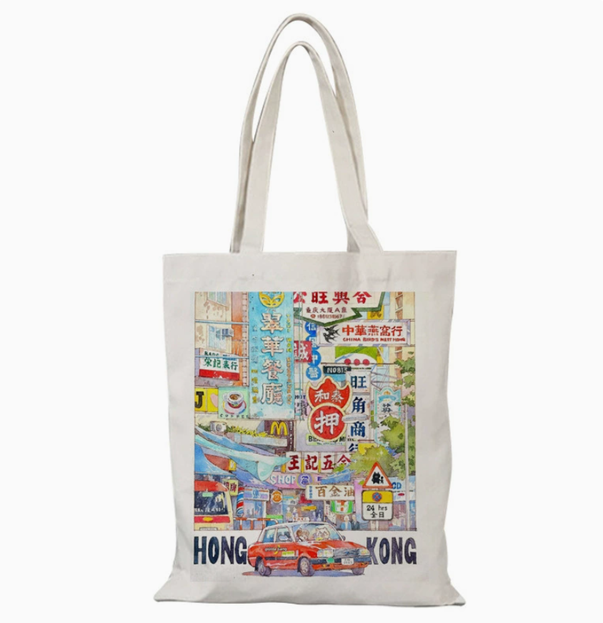 020 Cl嚴選 香港風景帆布包HongKong單面圖案無拉鏈【32x38】香港市井 單面圖案-無拉鏈