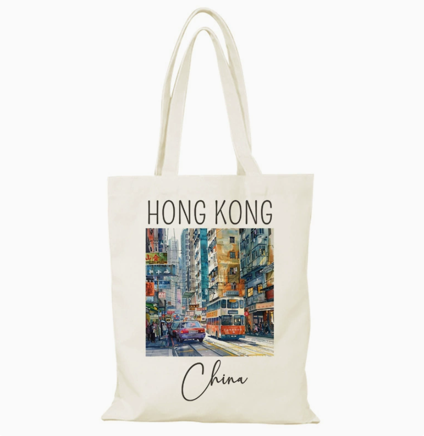 011 Cl嚴選 香港風景帆布包HongKong單面圖案無拉鏈【32x38】香港水彩街頭