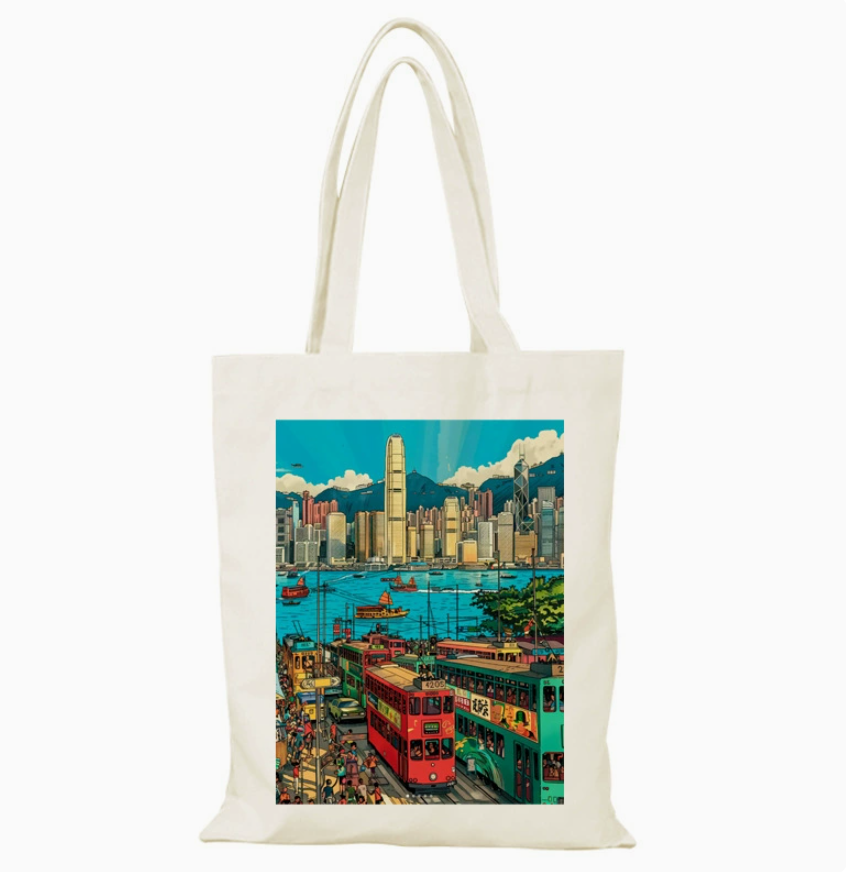022 Cl嚴選 香港風景帆布包HongKong單面圖案無拉鏈【32x38】香港城市畫報A