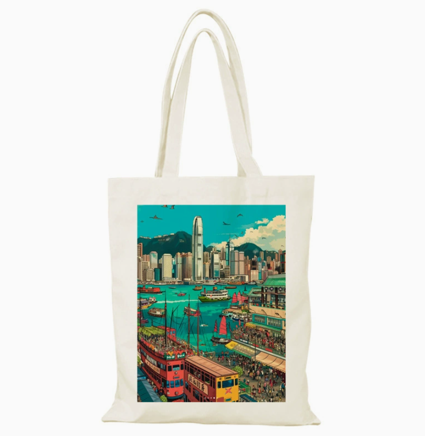 024 Cl嚴選 香港風景帆布包HongKong單面圖案無拉鏈【32x38】香港城市畫報B