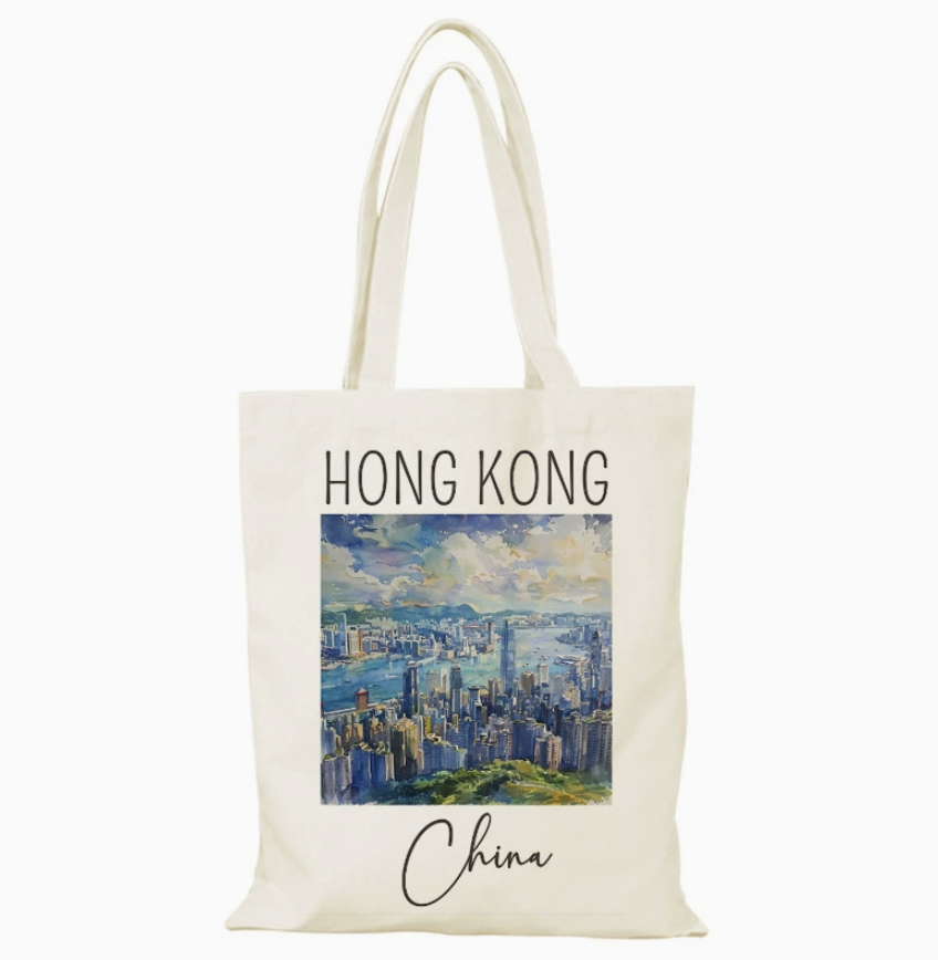 019 Cl嚴選 香港風景帆布包HongKong單面圖案無拉鏈【32x38】香港水彩俯瞰