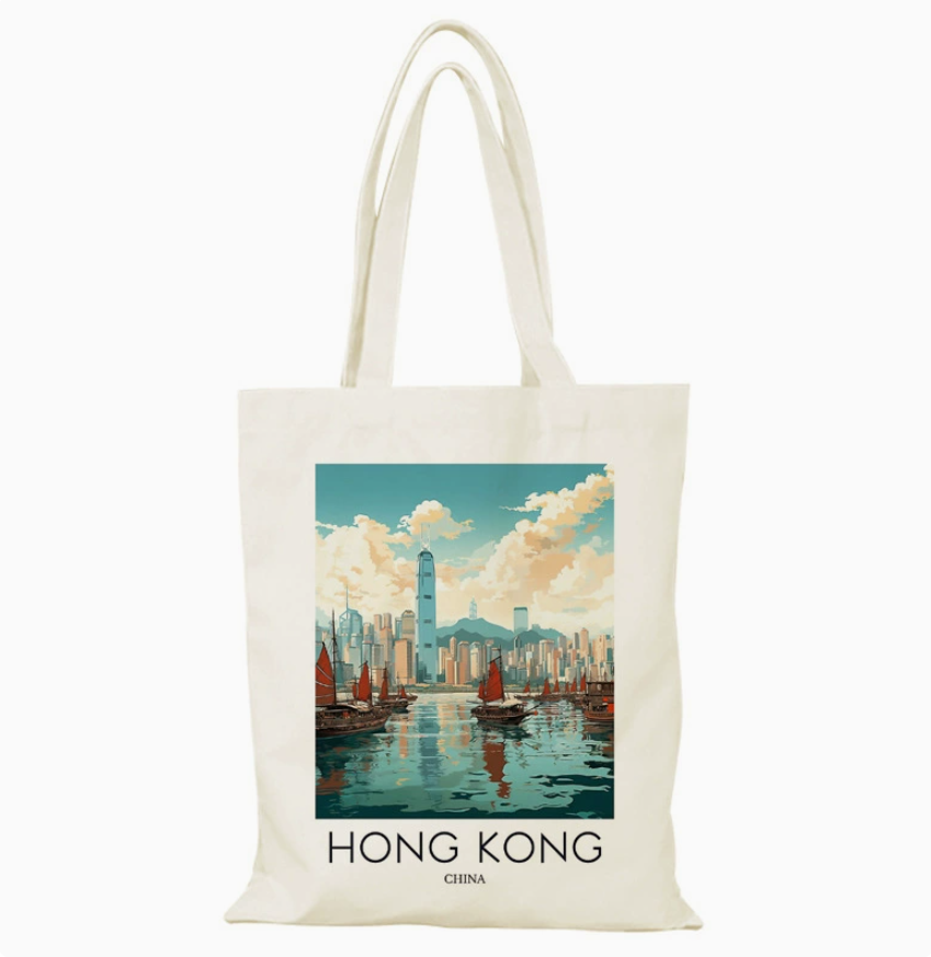 035 Cl嚴選 香港風景帆布包HongKong單面圖案無拉鏈【32x38】 繁華港口